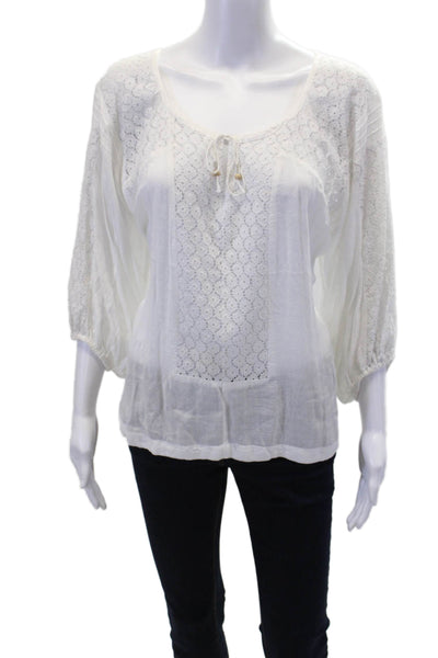 Free People Womens 3/4 Sleeve V Neck Lace Trim Blouse Top White Size Extra Small