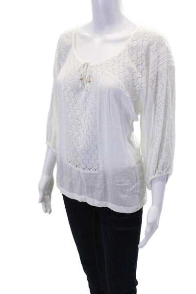 Free People Womens 3/4 Sleeve V Neck Lace Trim Blouse Top White Size Extra Small