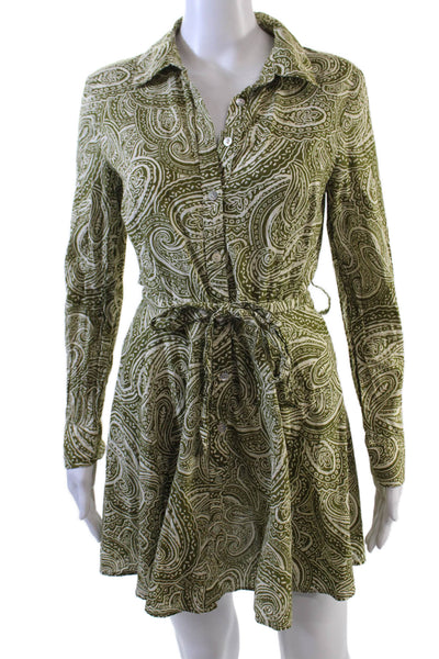 Zara Womens Paisley Print Button Down Belted Dress Green White Size Small