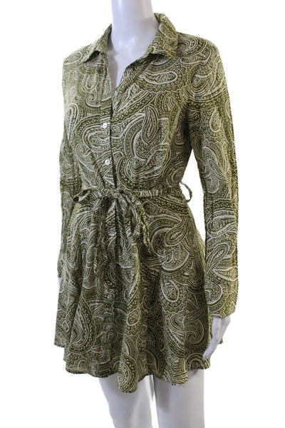 Zara Womens Paisley Print Button Down Belted Dress Green White Size Small