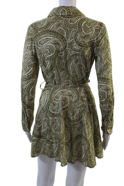 Zara Womens Paisley Print Button Down Belted Dress Green White Size Small