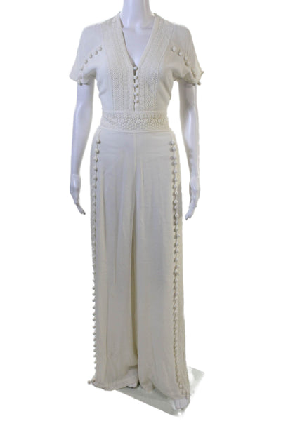 Marchesa Voyage Womens Cotton Pom Pom Trim Lace Detail Jumpsuit White Size 6