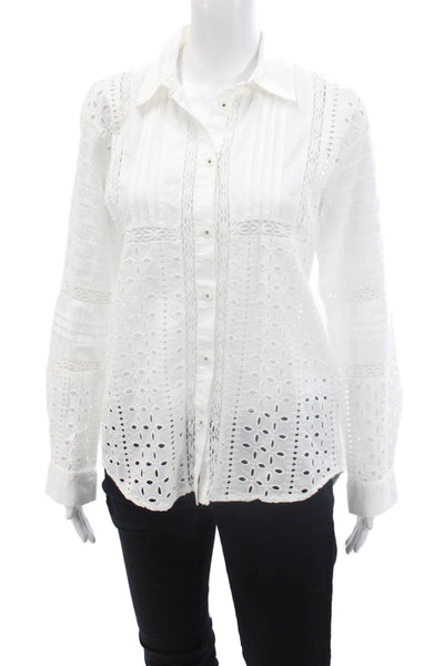 Zara Womens Button Front Long Sleeve Collared Eyelet Shirt White Cotton Size XS