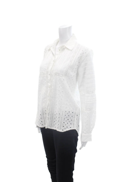 Zara Womens Button Front Long Sleeve Collared Eyelet Shirt White Cotton Size XS