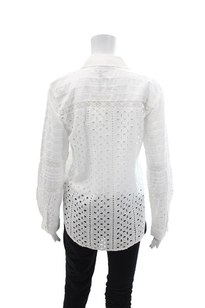Zara Womens Button Front Long Sleeve Collared Eyelet Shirt White Cotton Size XS