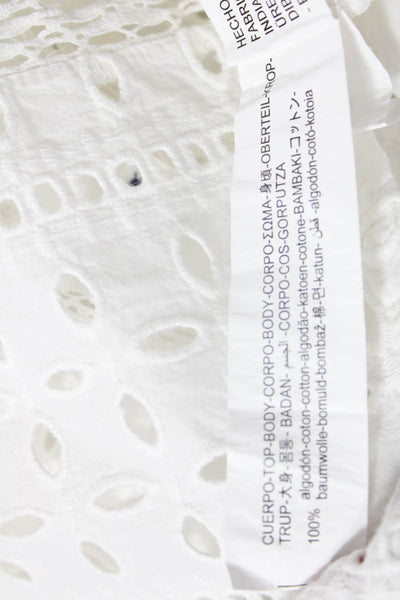 Zara Womens Button Front Long Sleeve Collared Eyelet Shirt White Cotton Size XS