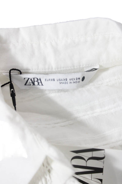 Zara Womens Button Front Long Sleeve Collared Eyelet Shirt White Cotton Size XS