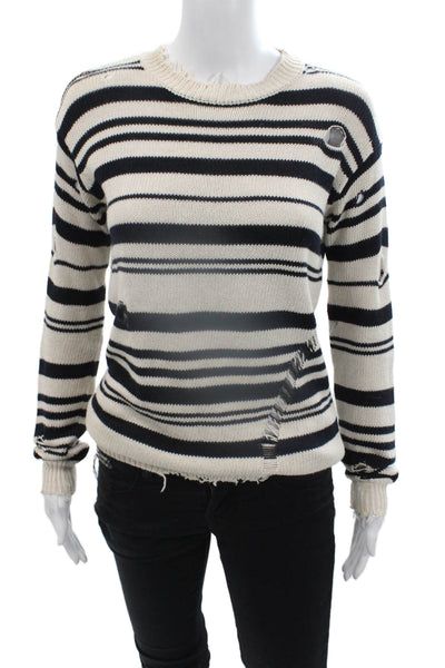 Cotton By Autumn Cashmere Womens Distressed Striped Sweater White Navy Size XS