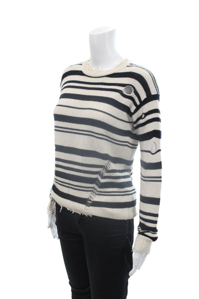 Cotton By Autumn Cashmere Womens Distressed Striped Sweater White Navy Size XS