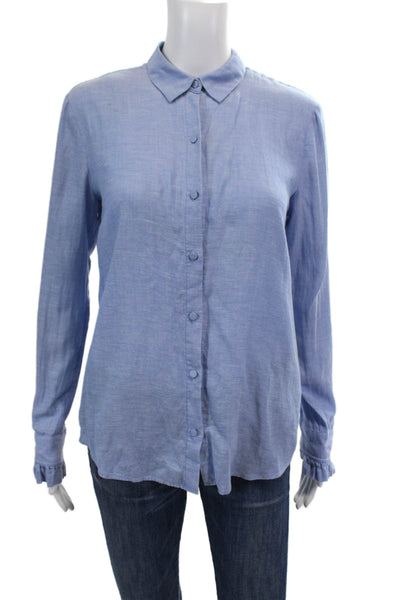 Club Monaco Women's Ruffle Long Sleeves Button Down Casual Shirt Blue Size S