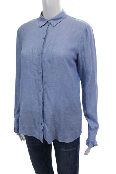 Club Monaco Women's Ruffle Long Sleeves Button Down Casual Shirt Blue Size S