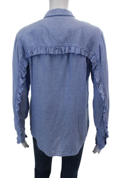 Club Monaco Women's Ruffle Long Sleeves Button Down Casual Shirt Blue Size S