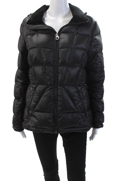 Calvin Klein Womens Textured Long Sleeve Full Zip Hood Puffer Jacket Black Size