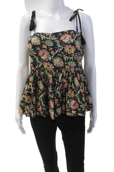 The Great Womens Textured Square Neck Spaghetti Strap Floral Blouse Black Size 0