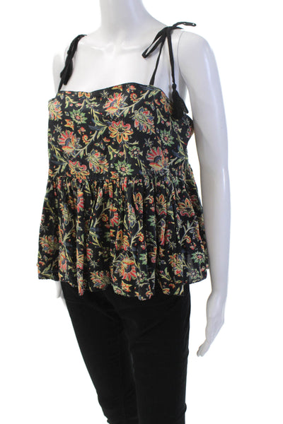 The Great Womens Textured Square Neck Spaghetti Strap Floral Blouse Black Size 0