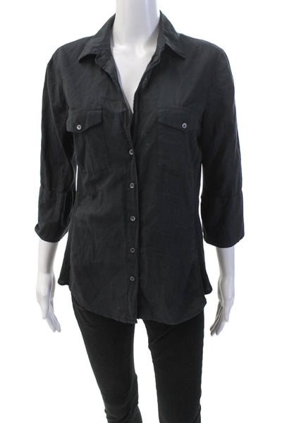 Standard James Perse Womens Cotton Collared Ribbed Button Up Top Black Size S
