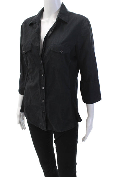 Standard James Perse Womens Cotton Collared Ribbed Button Up Top Black Size S