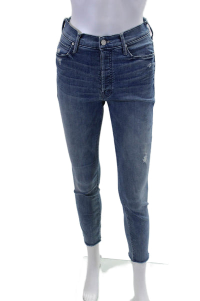 Mother Womens High Rise Distressed Raw Hem Skinny Jeans Blue Size 27