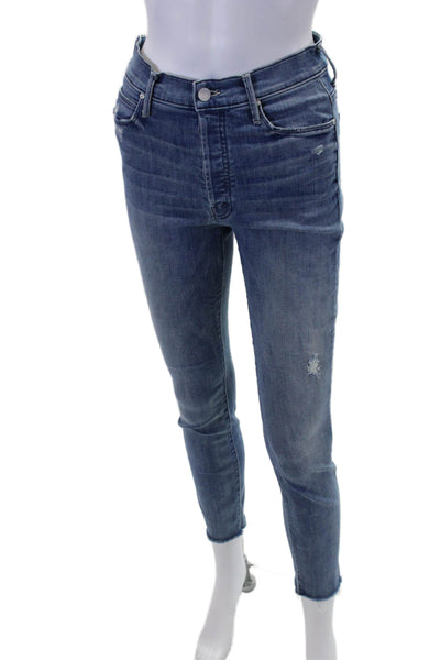 Mother Womens High Rise Distressed Raw Hem Skinny Jeans Blue Size 27