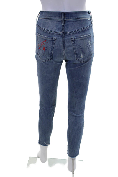 Mother Womens High Rise Distressed Raw Hem Skinny Jeans Blue Size 27