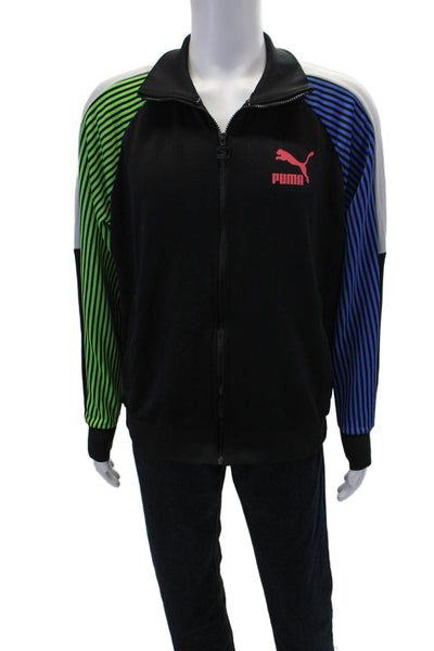 Puma Mens Full Zip Colorblock Striped Athletic Jacket Black Multicolor Size L