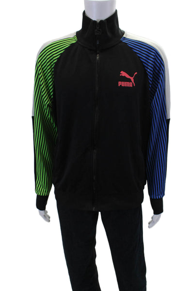 Puma Mens Full Zip Colorblock Striped Athletic Jacket Black Multicolor Size L