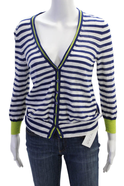 J Crew Womens Striped Button Down Cardigan Sweater White Blue Cotton Size 2
