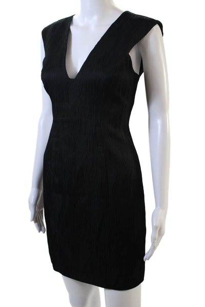 Black Halo Womens Textured V-Neck Sleeveless Zip Up Pencil Dress Black Size 0