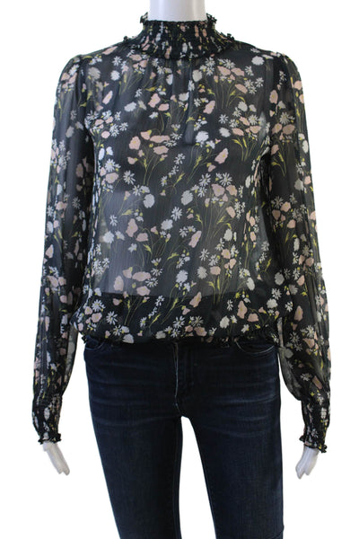 Zara Basic Womens Long Sleeve Floral Print Smocked Blouse Blue Size XS