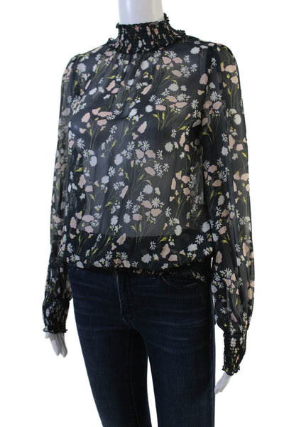 Zara Basic Womens Long Sleeve Floral Print Smocked Blouse Blue Size XS