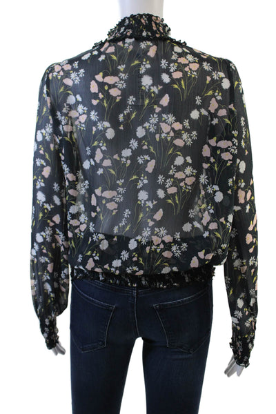 Zara Basic Womens Long Sleeve Floral Print Smocked Blouse Blue Size XS