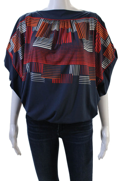 BCBGMAXAZRIA Womens Short Sleeve Abstract Blouse Blue Multi Size 2XS