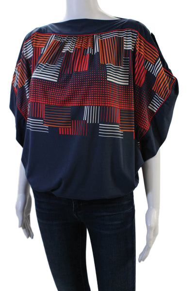 BCBGMAXAZRIA Womens Short Sleeve Abstract Blouse Blue Multi Size 2XS