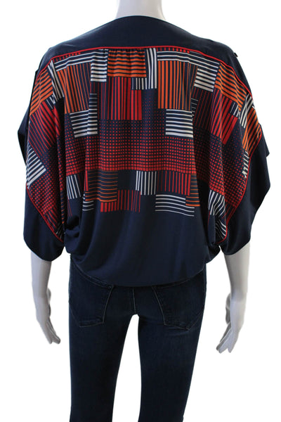 BCBGMAXAZRIA Womens Short Sleeve Abstract Blouse Blue Multi Size 2XS