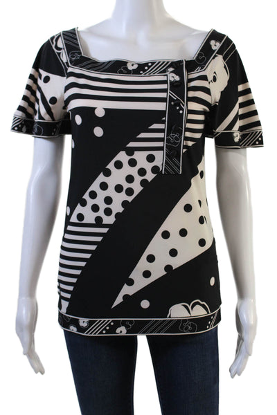 BCBGMAXAZRIA Womens Short Sleeve Square Neck Blouse Black White Size XS