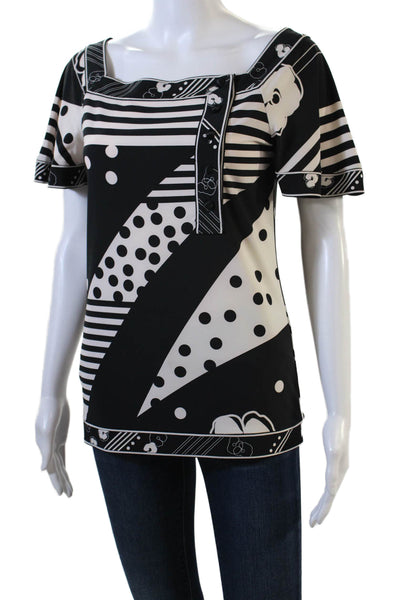 BCBGMAXAZRIA Womens Short Sleeve Square Neck Blouse Black White Size XS