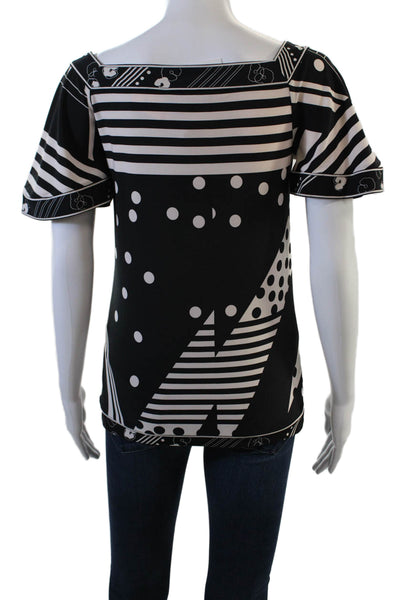 BCBGMAXAZRIA Womens Short Sleeve Square Neck Blouse Black White Size XS