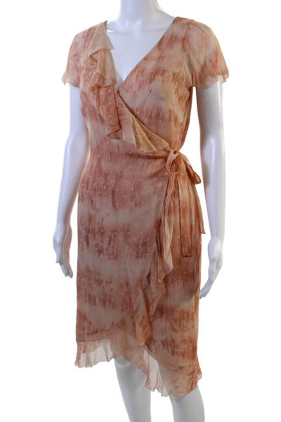 BCBGMAXAZRIA Womens Sleeveless V Neck Abstract Silk Wrap Dress Brown Size 6