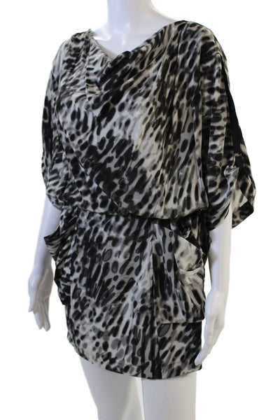BCBGMAXAZRIA Womens Short Sleeve Abstract Silk Dress Gray Black Size XS