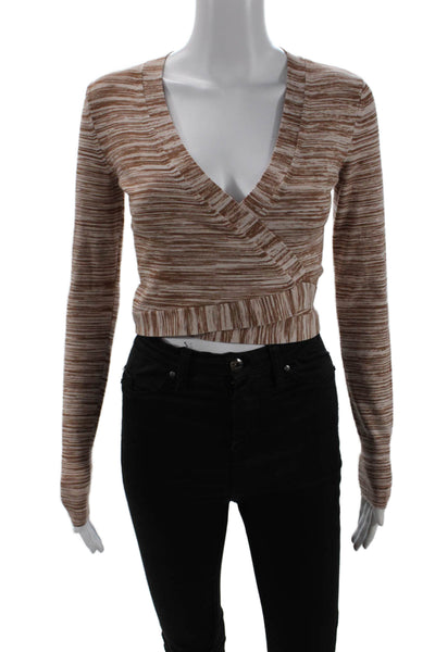 Intermix Womens V-Neck Striped Long Sleeve Wrap Cropped Top Beige Size P