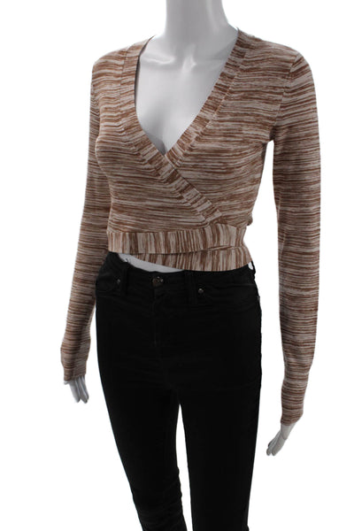 Intermix Womens V-Neck Striped Long Sleeve Wrap Cropped Top Beige Size P