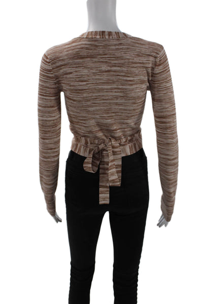 Intermix Womens V-Neck Striped Long Sleeve Wrap Cropped Top Beige Size P