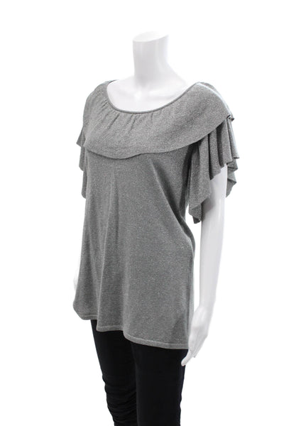 BCBG Max Azria Womens Silk Metallic Ruffled Detail Sleeveless Top Gray Size M