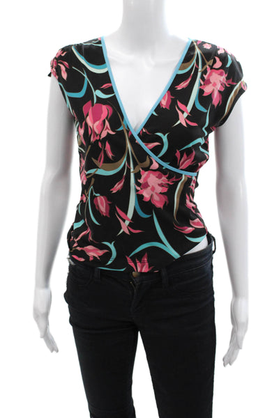 BCBG Max Azria Womens Split Shoulder Detail V-Neck Floral Blouse Black Size S