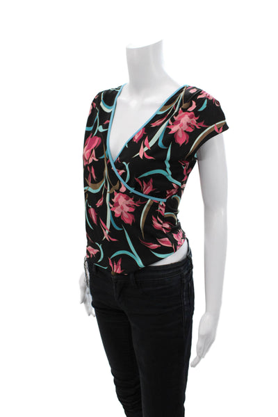 BCBG Max Azria Womens Split Shoulder Detail V-Neck Floral Blouse Black Size S