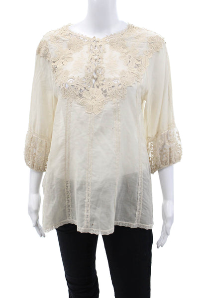 BCBG Max Azria Womens Cotton Sheer Lace Panel Detail Blouse Beige Size S