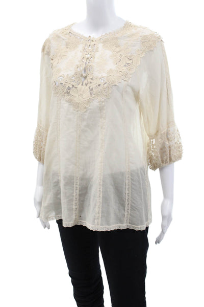 BCBG Max Azria Womens Cotton Sheer Lace Panel Detail Blouse Beige Size S