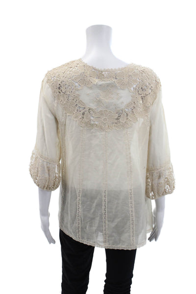 BCBG Max Azria Womens Cotton Sheer Lace Panel Detail Blouse Beige Size S