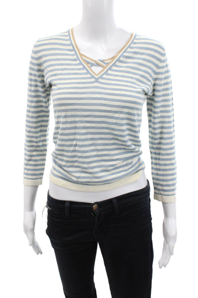 BCBG Max Azria Womens Cotton V-Neck Knit Long Sleeve Striped Top Blue Size S