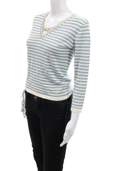 BCBG Max Azria Womens Cotton V-Neck Knit Long Sleeve Striped Top Blue Size S
